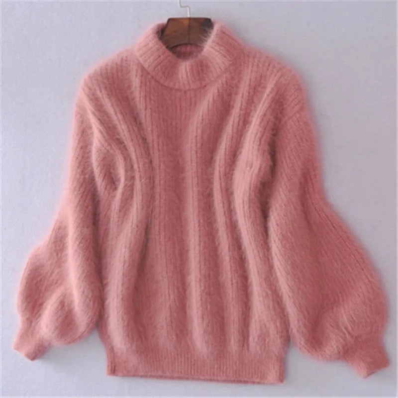 Damski sweter z miękkiej dzianiny ze stójką | Puszysty sweter w stylu vintage