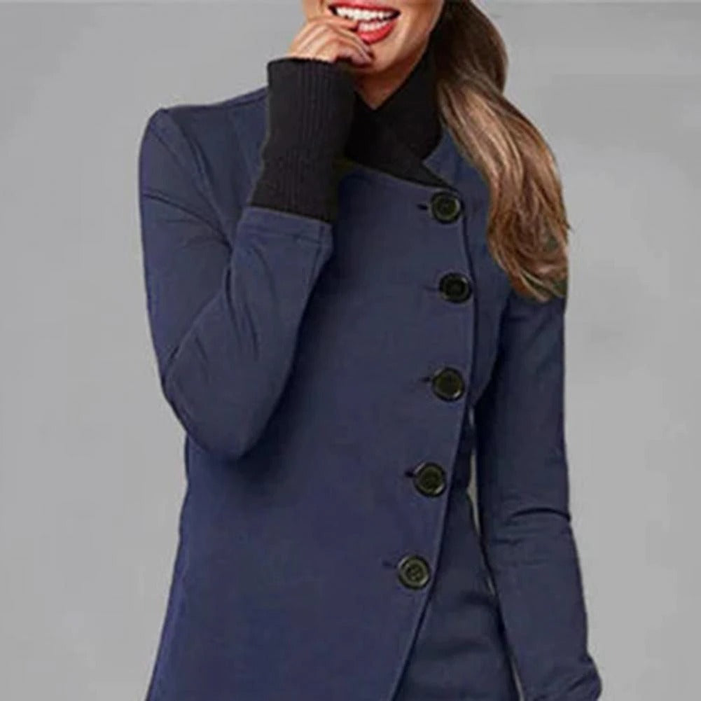 Women’s Asymmetric Button-Up Longline Jacket with Ribbed Cuffs