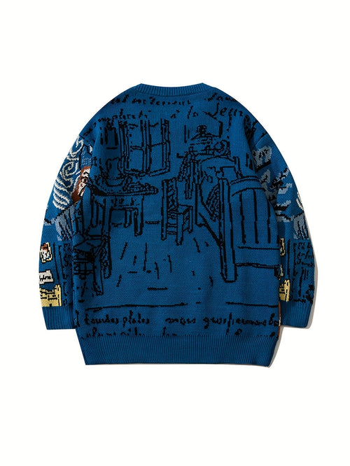 Pull jacquard en maille pour homme avec portrait artistique