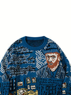 Męski żakardowy dzianinowy sweter z artystycznym portretem