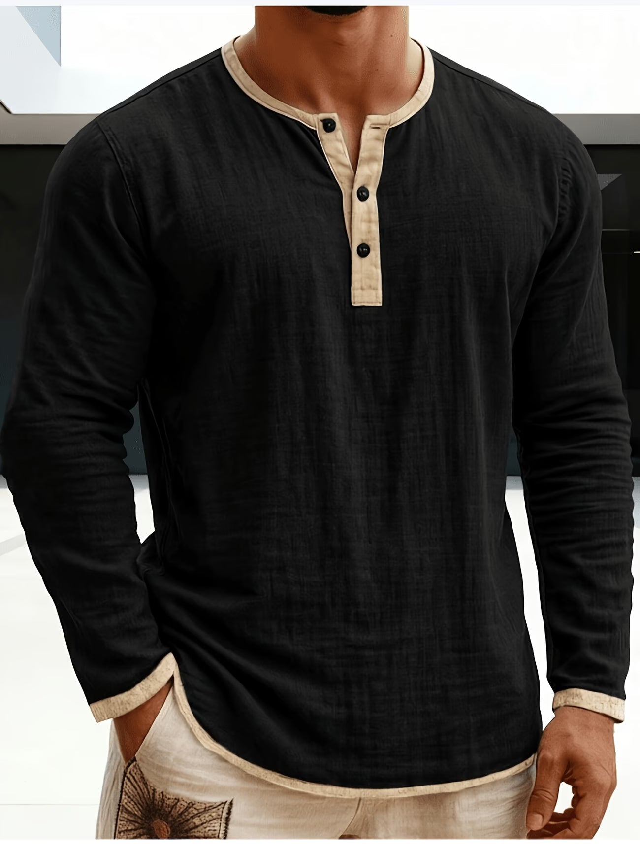 Chemise Henley pour homme à manches longues avec bordures contrastantes