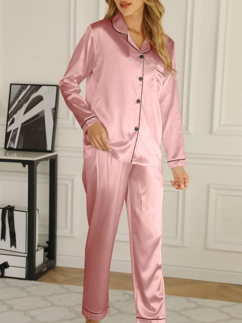 Women's Satin Pyjama Set with Long Sleeve Shirt & Trousers for Autumn