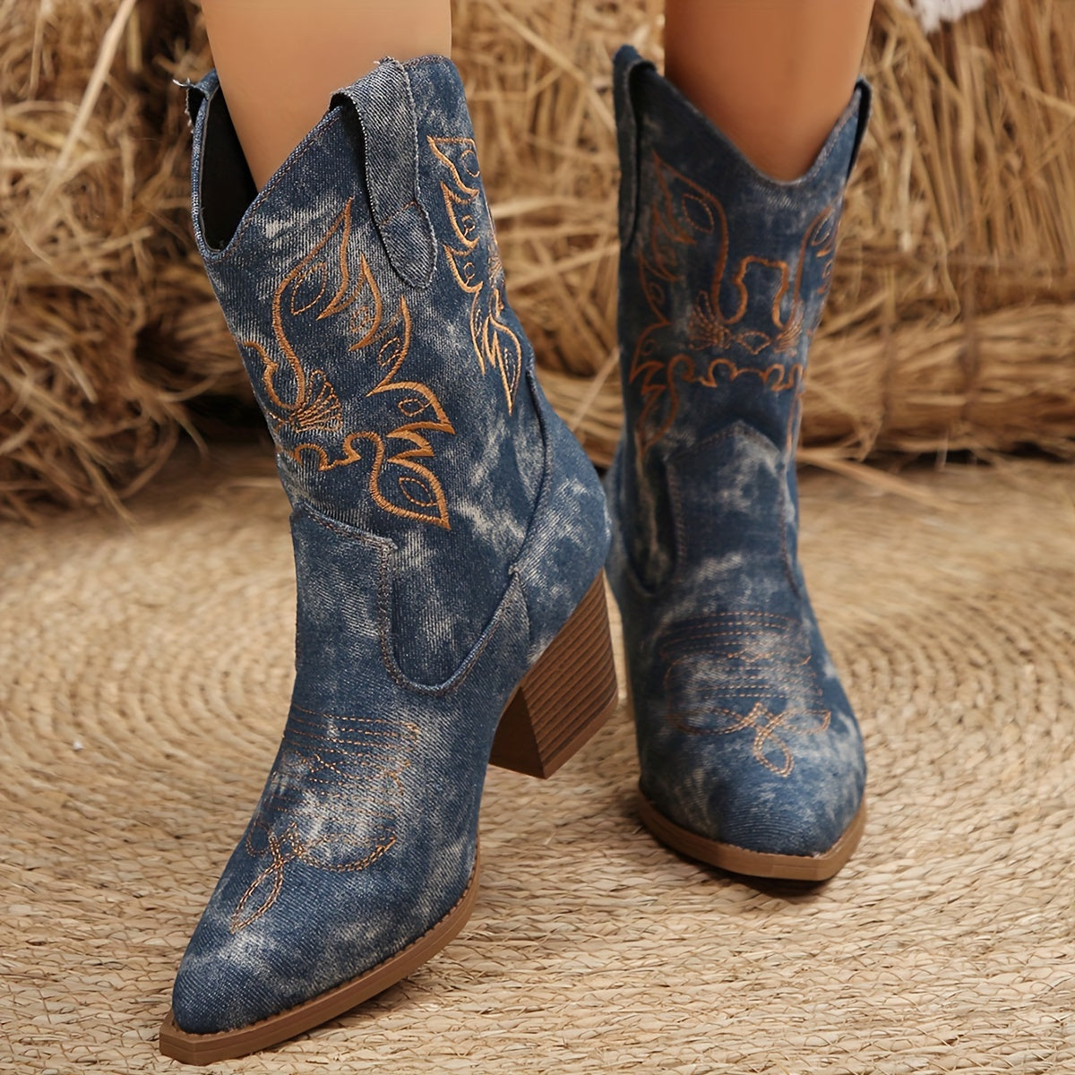 Women’s Denim Cowboy Boots with Western Embroidery