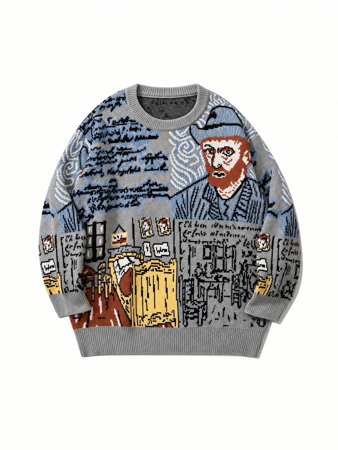 Pull jacquard en maille pour homme avec portrait artistique