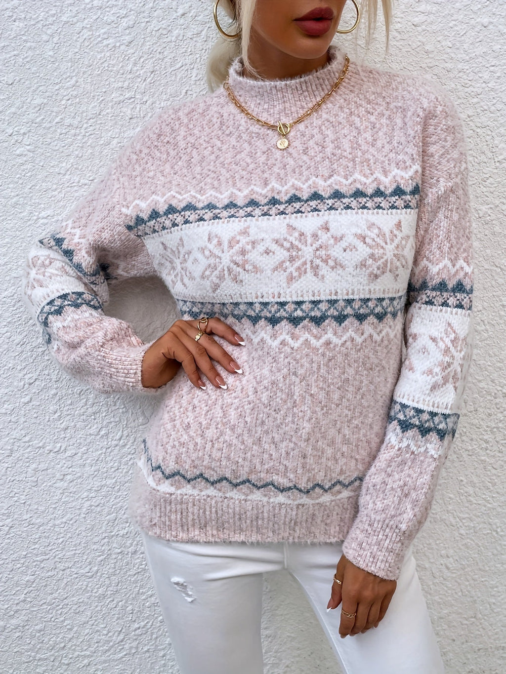 Pull de Noël oversize pour femme | Col montant en maille Fair Isle