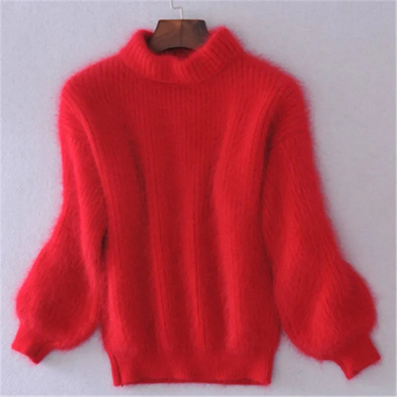 Damski sweter z miękkiej dzianiny ze stójką | Puszysty sweter w stylu vintage