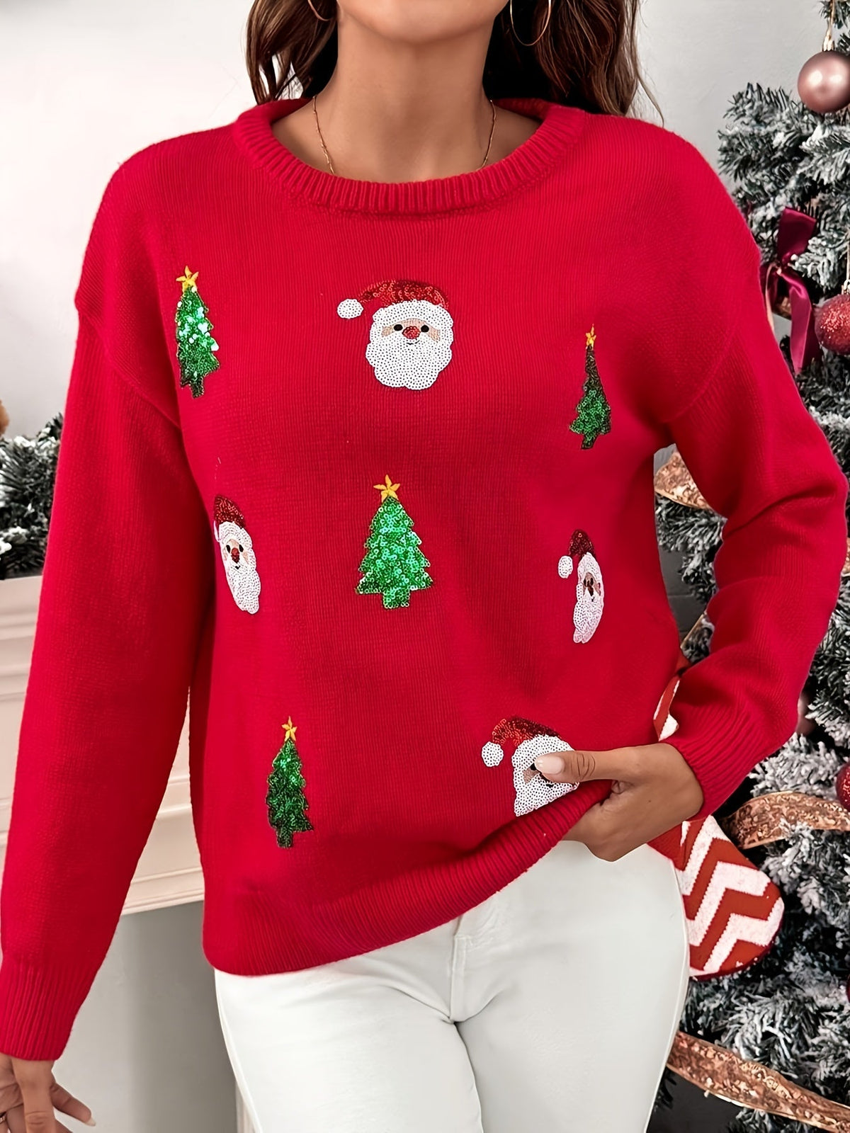 Pull de Noël rouge pour femme avec Père Noël à sequins