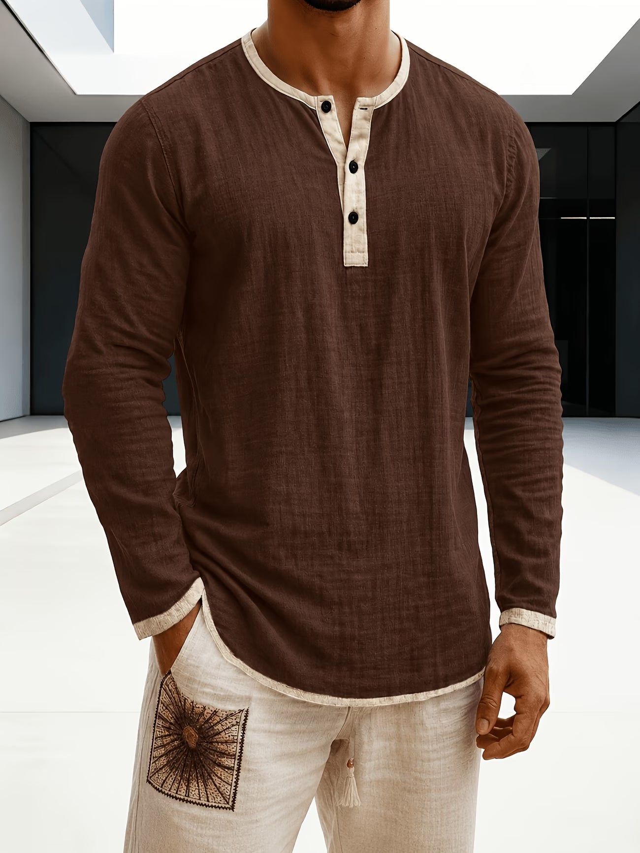 Chemise Henley pour homme à manches longues avec bordures contrastantes