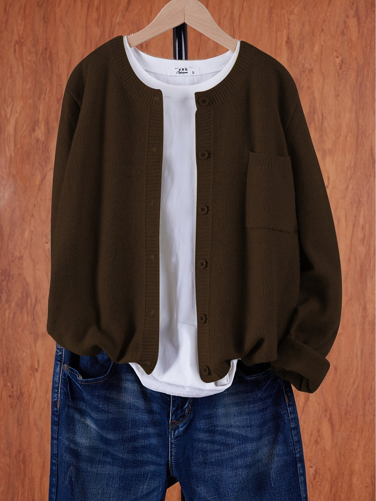Women’s Knitted Button Cardigan with Crew Neck and Pocket
