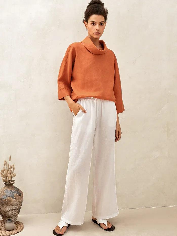 Women's Linen Cowl Neck Relaxed Fit Top
