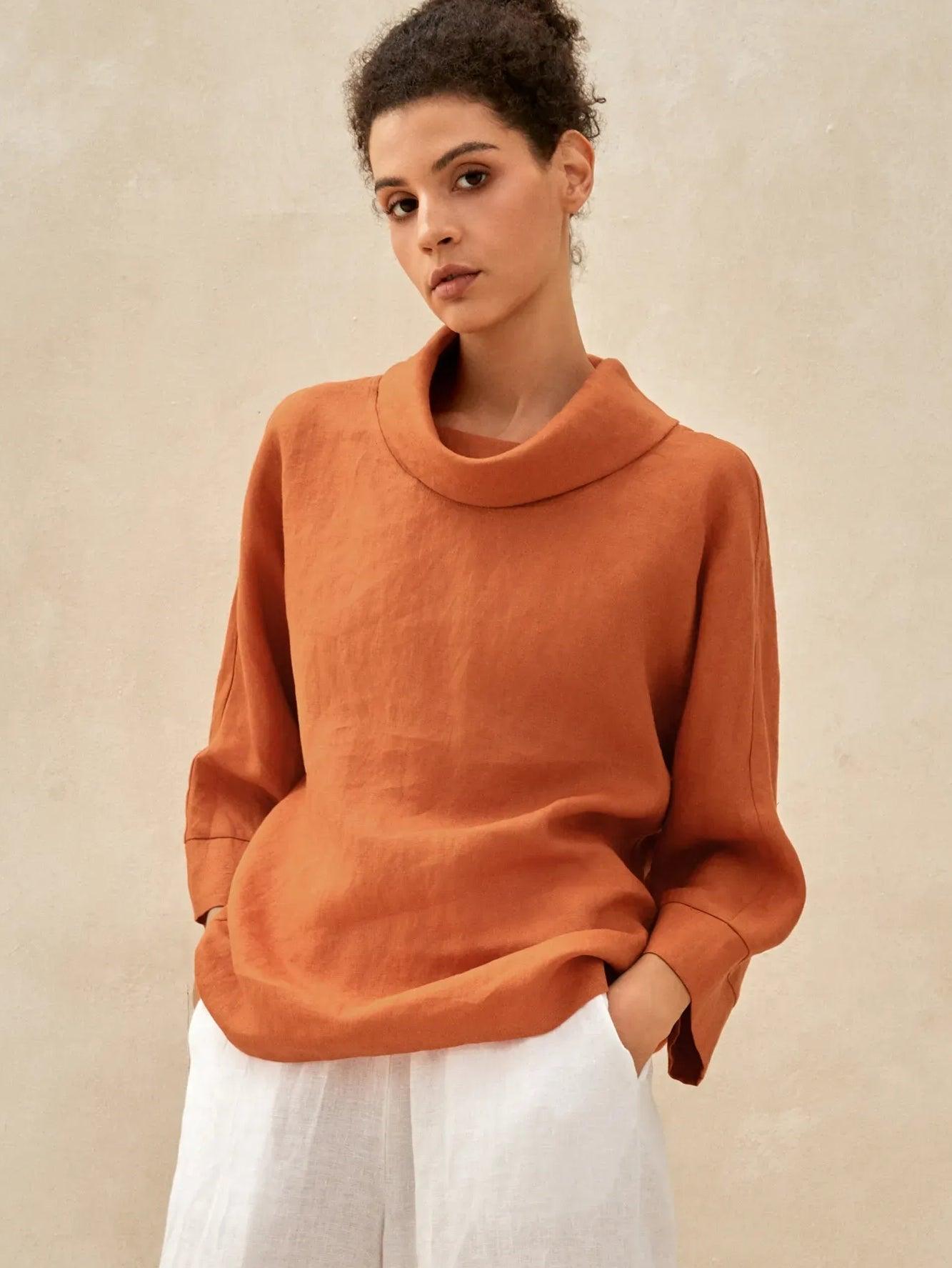 Top pour femme en lin à col bénitier et coupe décontractée