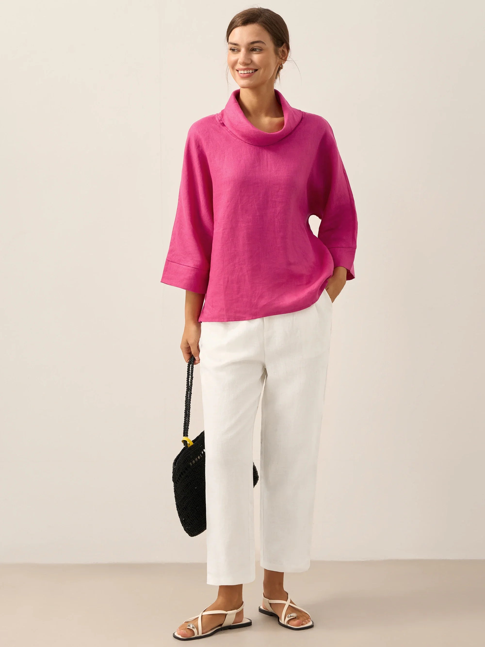 Women's Linen Cowl Neck Relaxed Fit Top