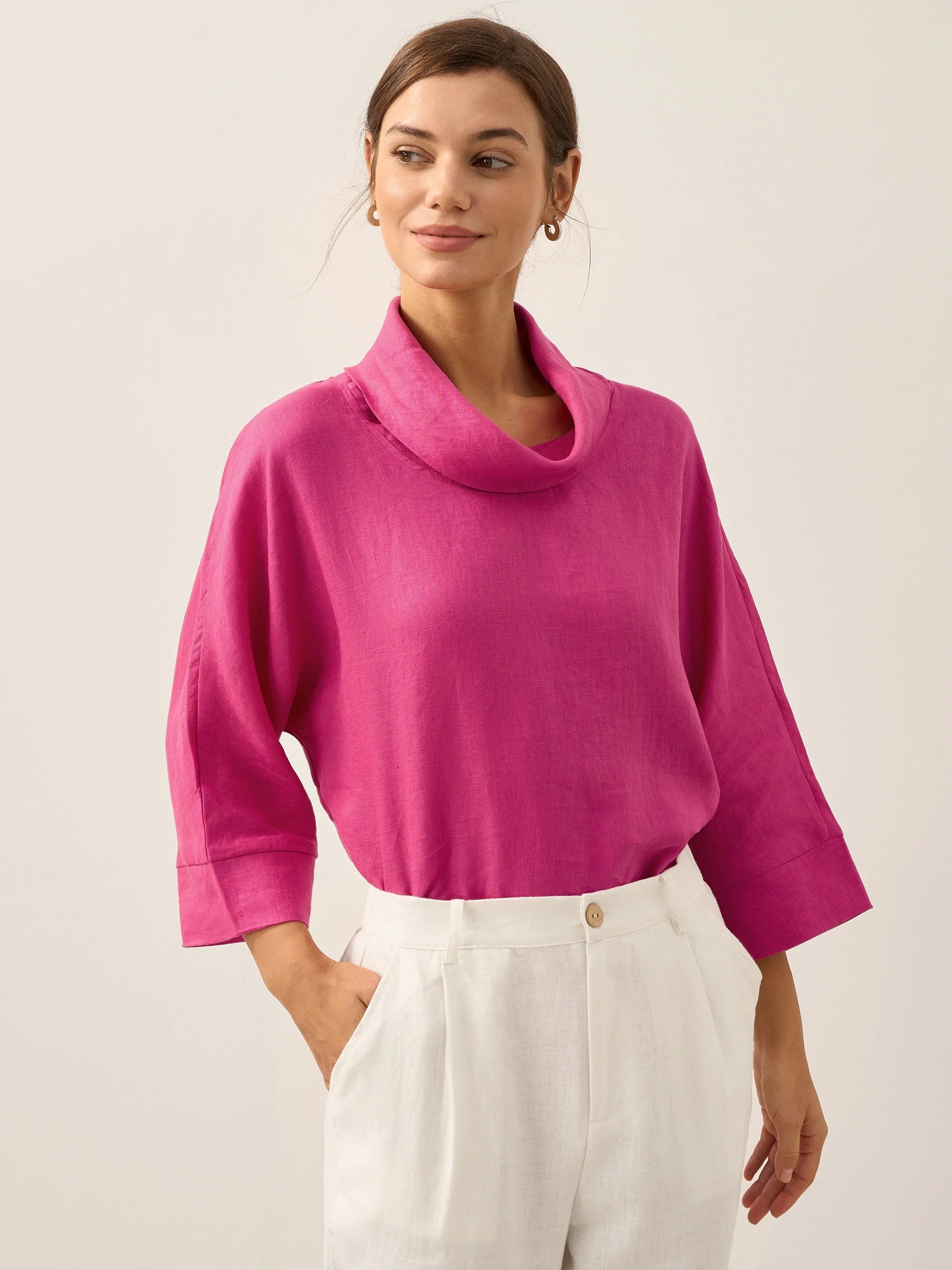 Top pour femme en lin à col bénitier et coupe décontractée