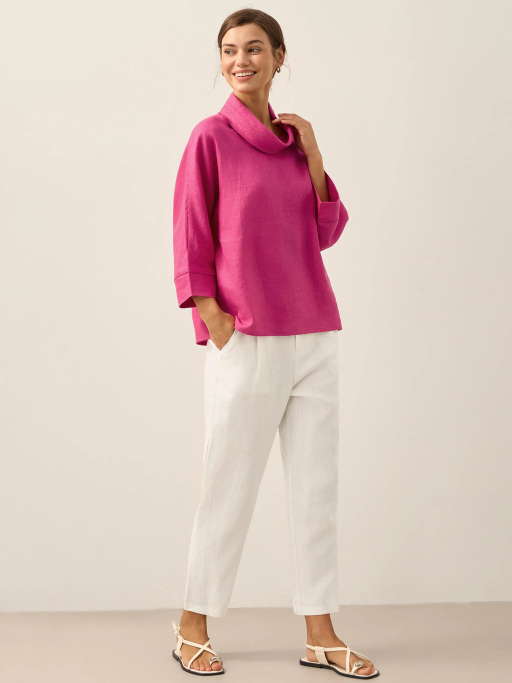 Women's Linen Cowl Neck Relaxed Fit Top