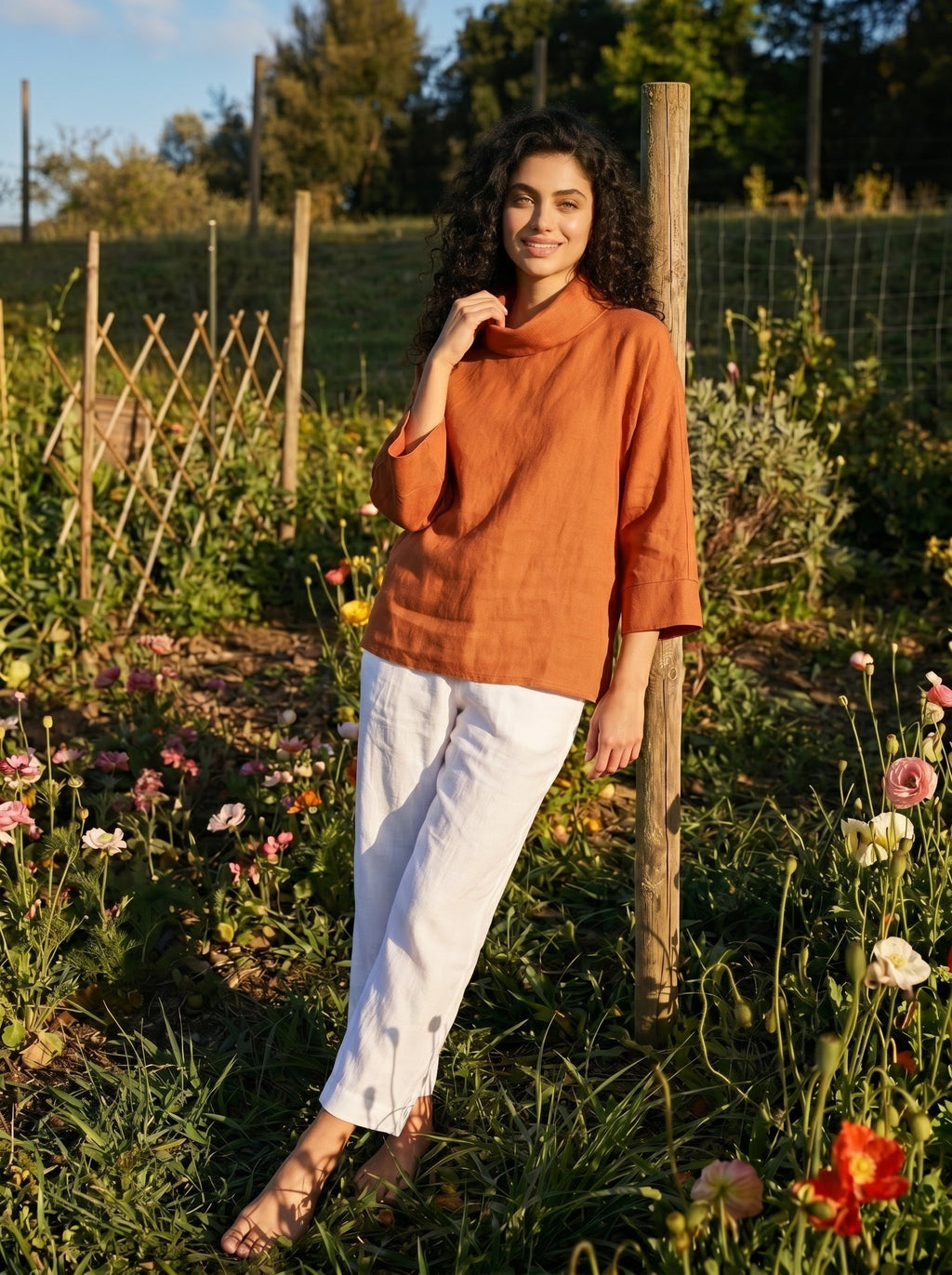 Women's Linen Cowl Neck Relaxed Fit Top