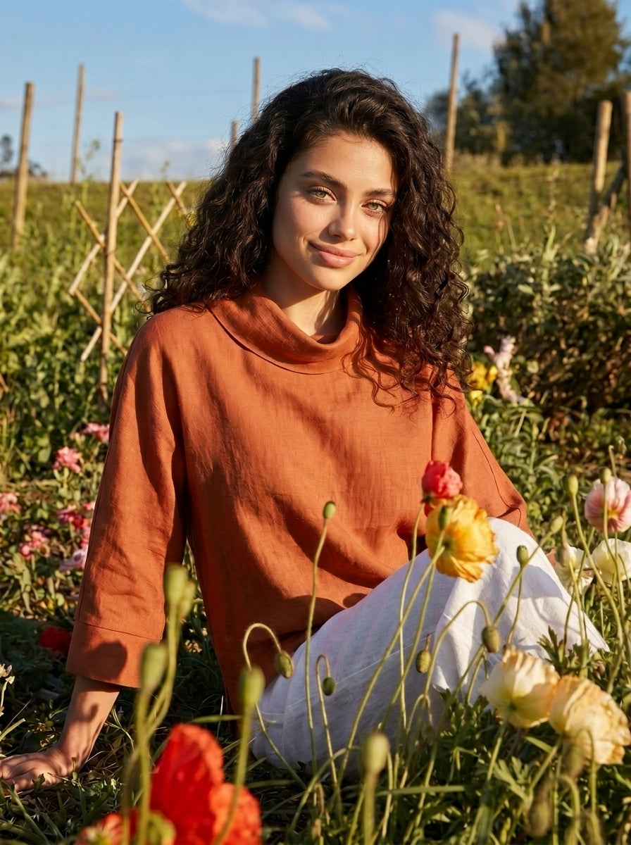 Top pour femme en lin à col bénitier et coupe décontractée