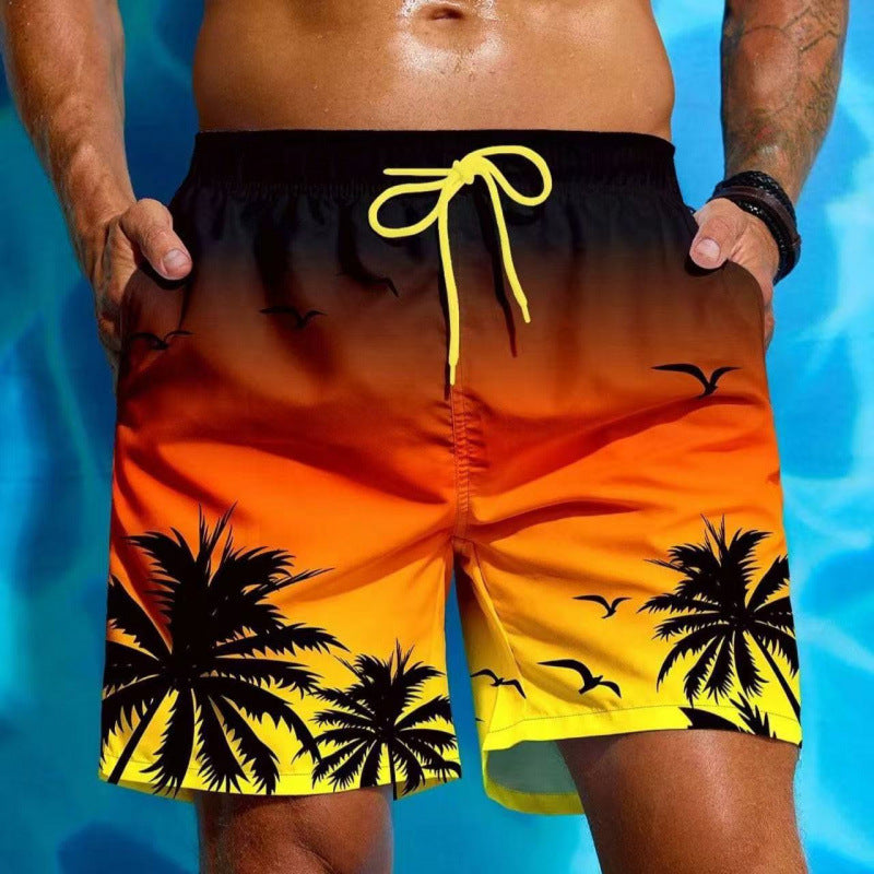 Men's Tropical Print Swim Shorts with Drawstring Waist