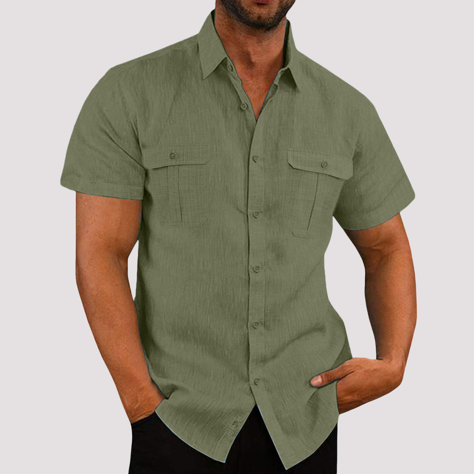 Men's Linen Blend Short Sleeve Button-Up Shirt with Chest Pockets