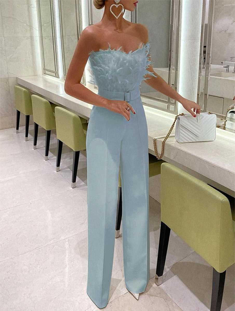 Combinaison pantalon fluide à plumes et bustier sans bretelles pour femme