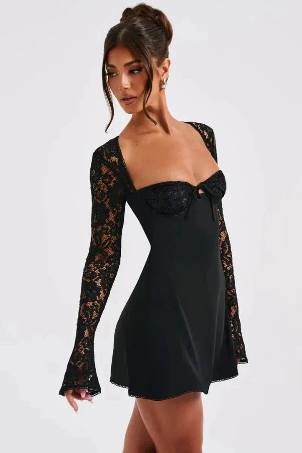 Women's Lace Mini Dress with Long Sleeves for Summer Occasion Wear