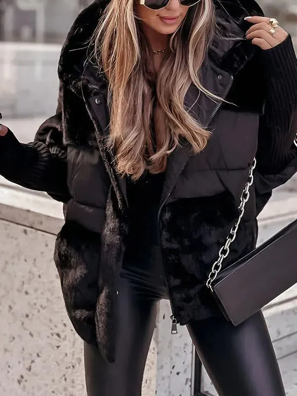 Women's Hooded Puffer Jacket with Faux Fur Trim