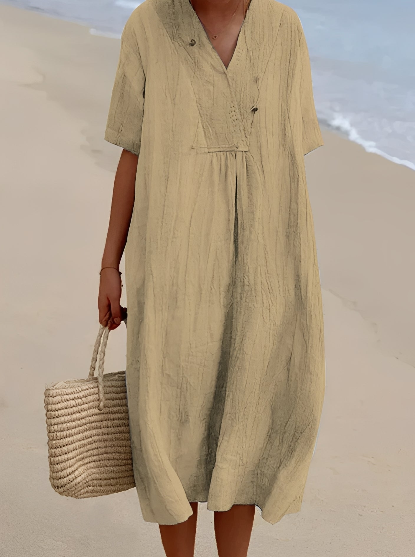 Women's Cotton Blend V Neck Midi Dress for Summer