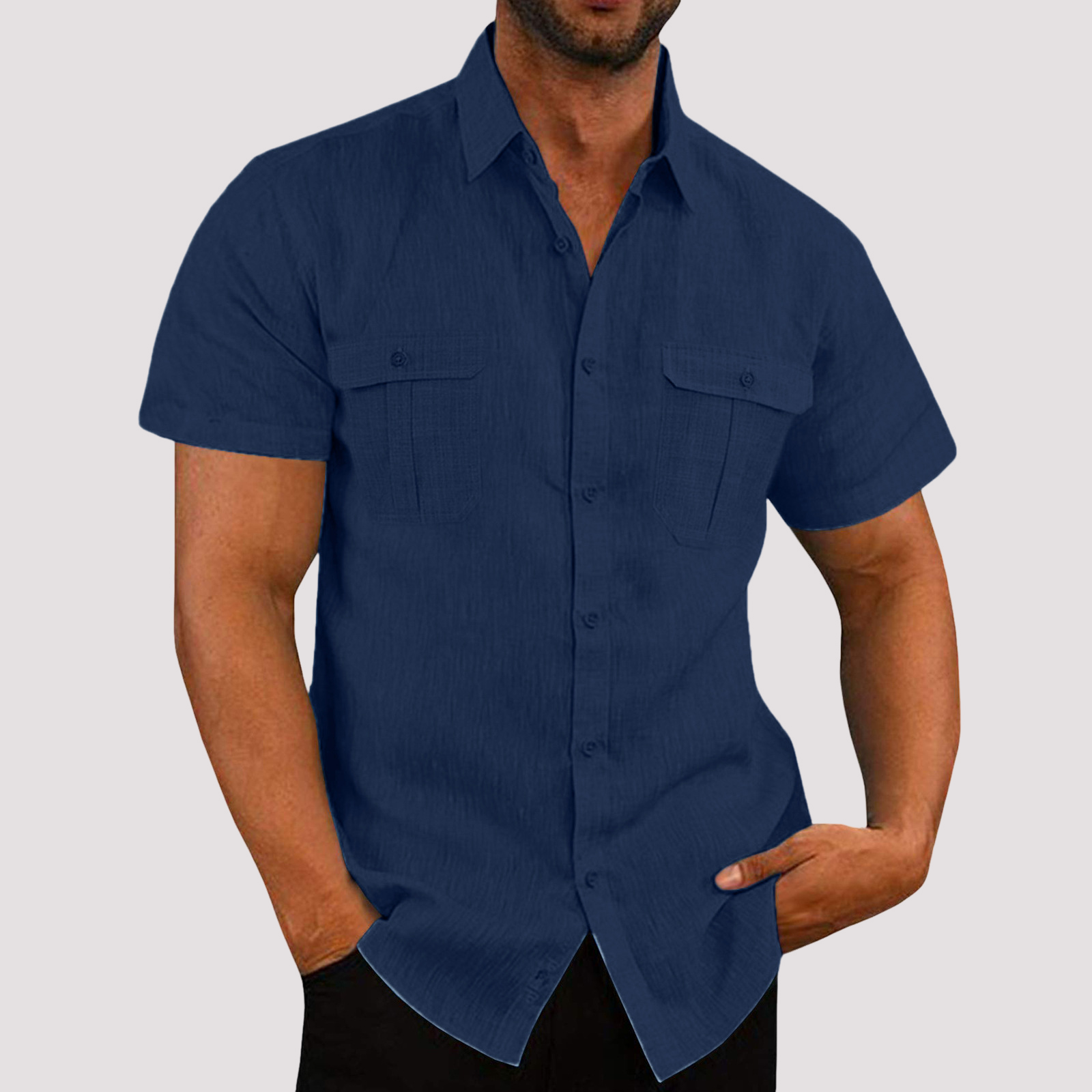 Men's Linen Blend Short Sleeve Button-Up Shirt with Chest Pockets