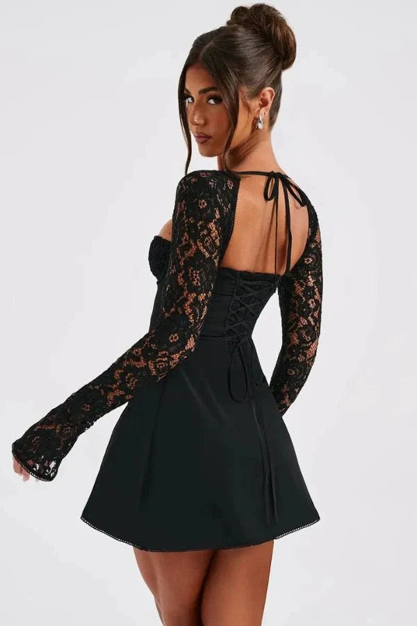 Women's Lace Mini Dress with Long Sleeves for Summer Occasion Wear