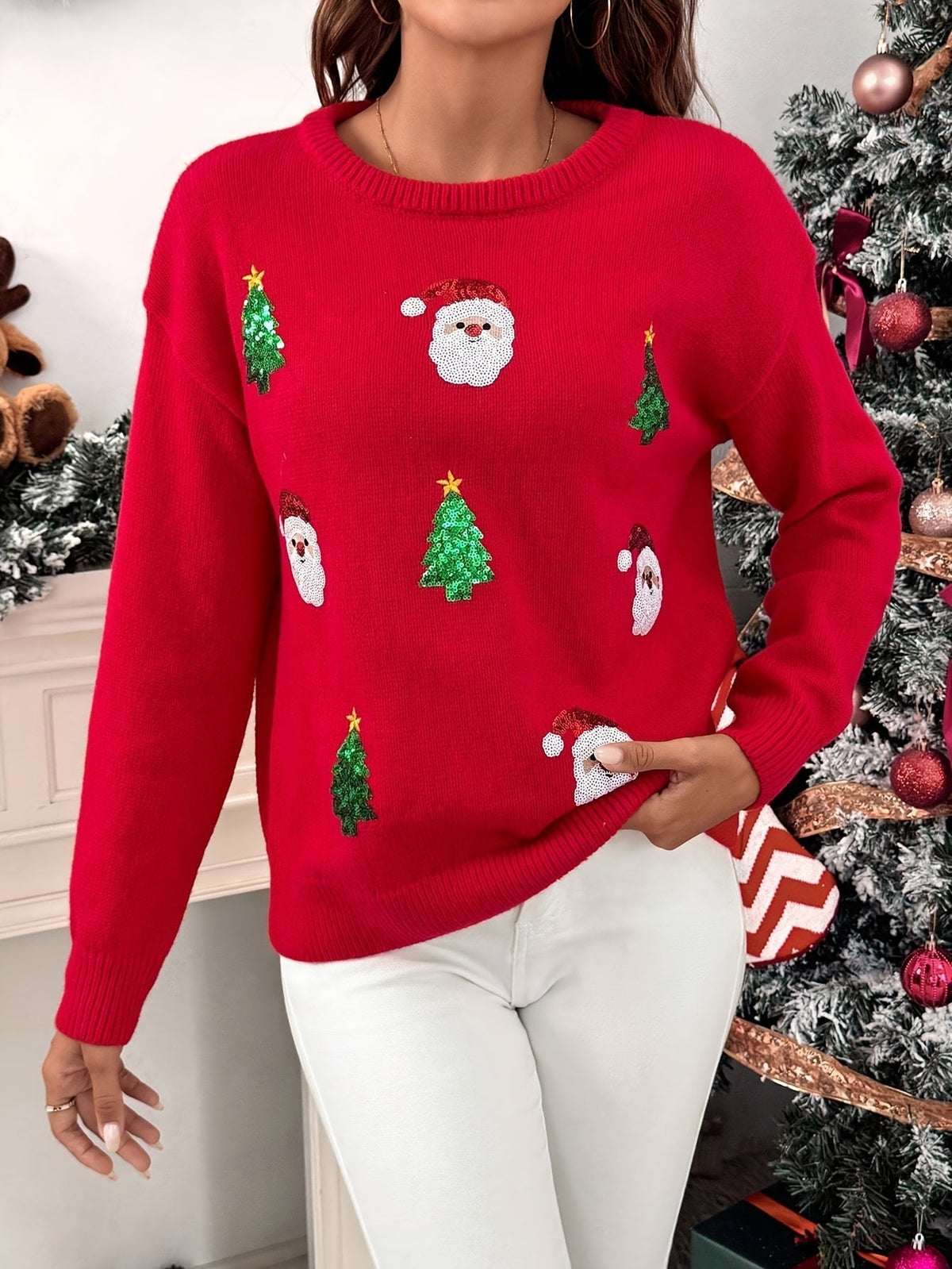 Pull de Noël rouge pour femme avec Père Noël à sequins