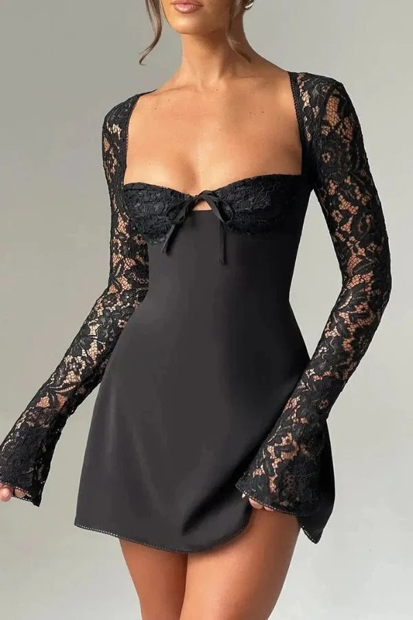 Women's Lace Mini Dress with Long Sleeves for Summer Occasion Wear