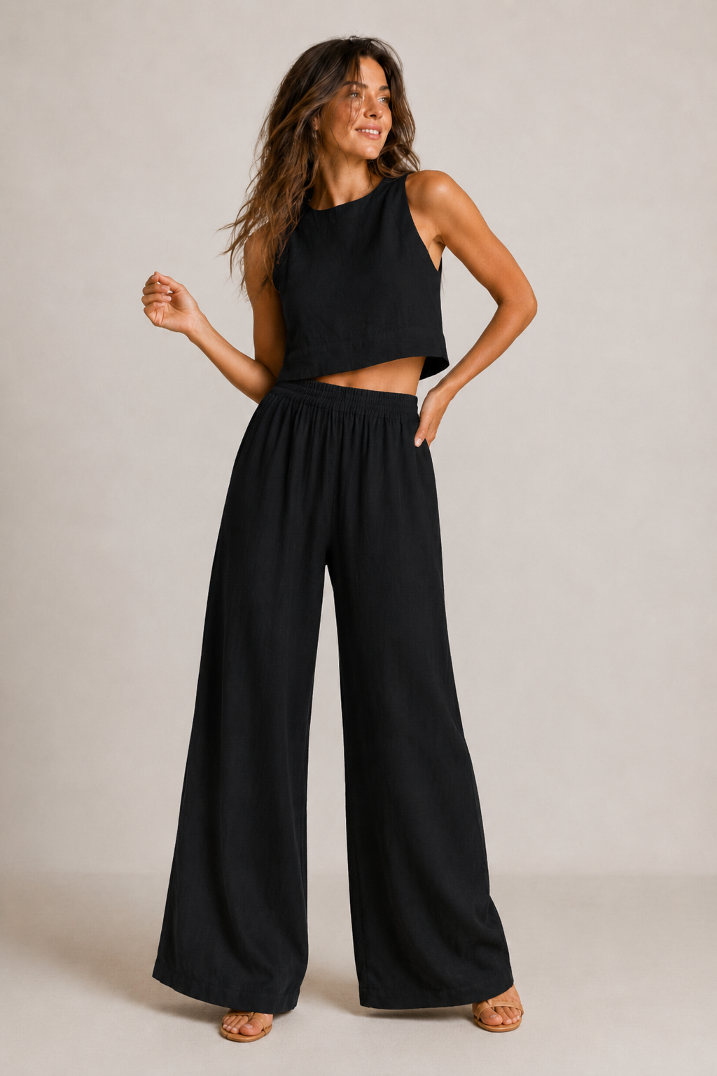 Women's Linen Blend Crop Top and Wide Leg Trousers Co-Ord Set for Summer