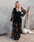 Robe longue à col en V, dentelle brodée pour femme
