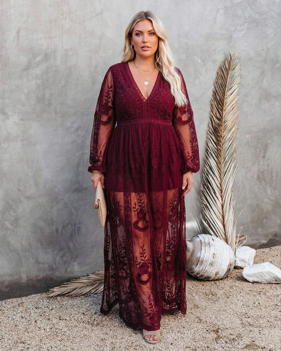 Robe longue à col en V, dentelle brodée pour femme