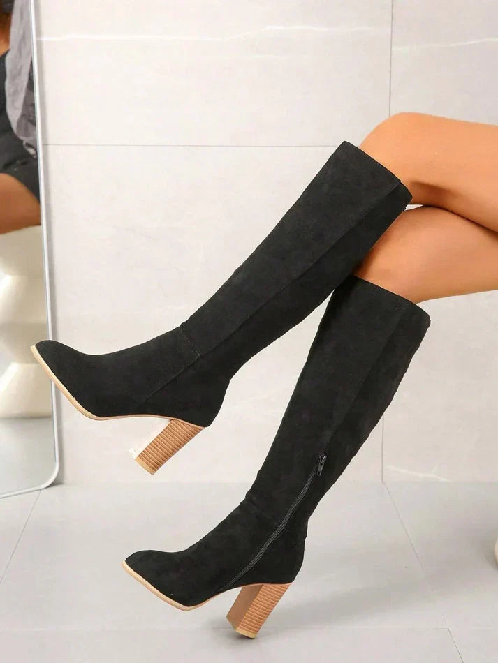 Bottes en simili daim à talon carré montantes jusqu’au genou pour femme