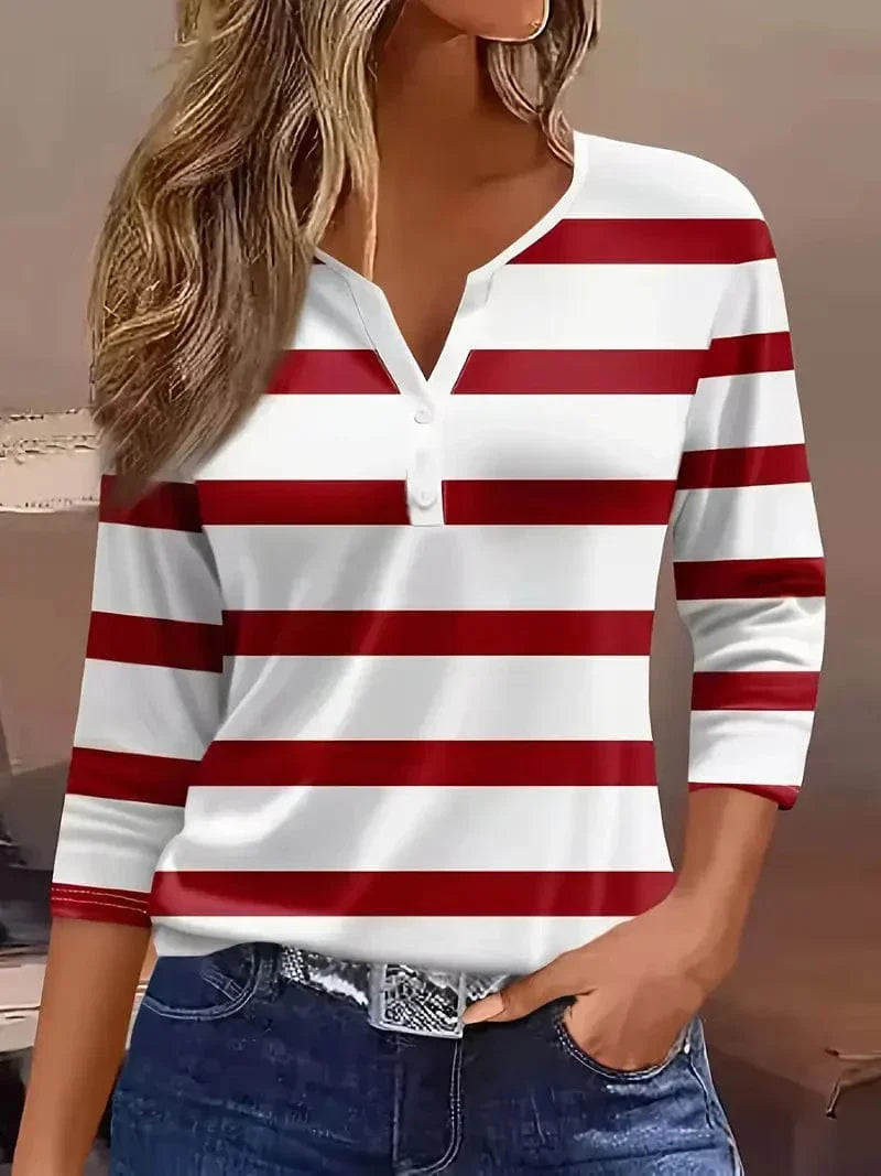 Women's Striped Henley Long Sleeve Top