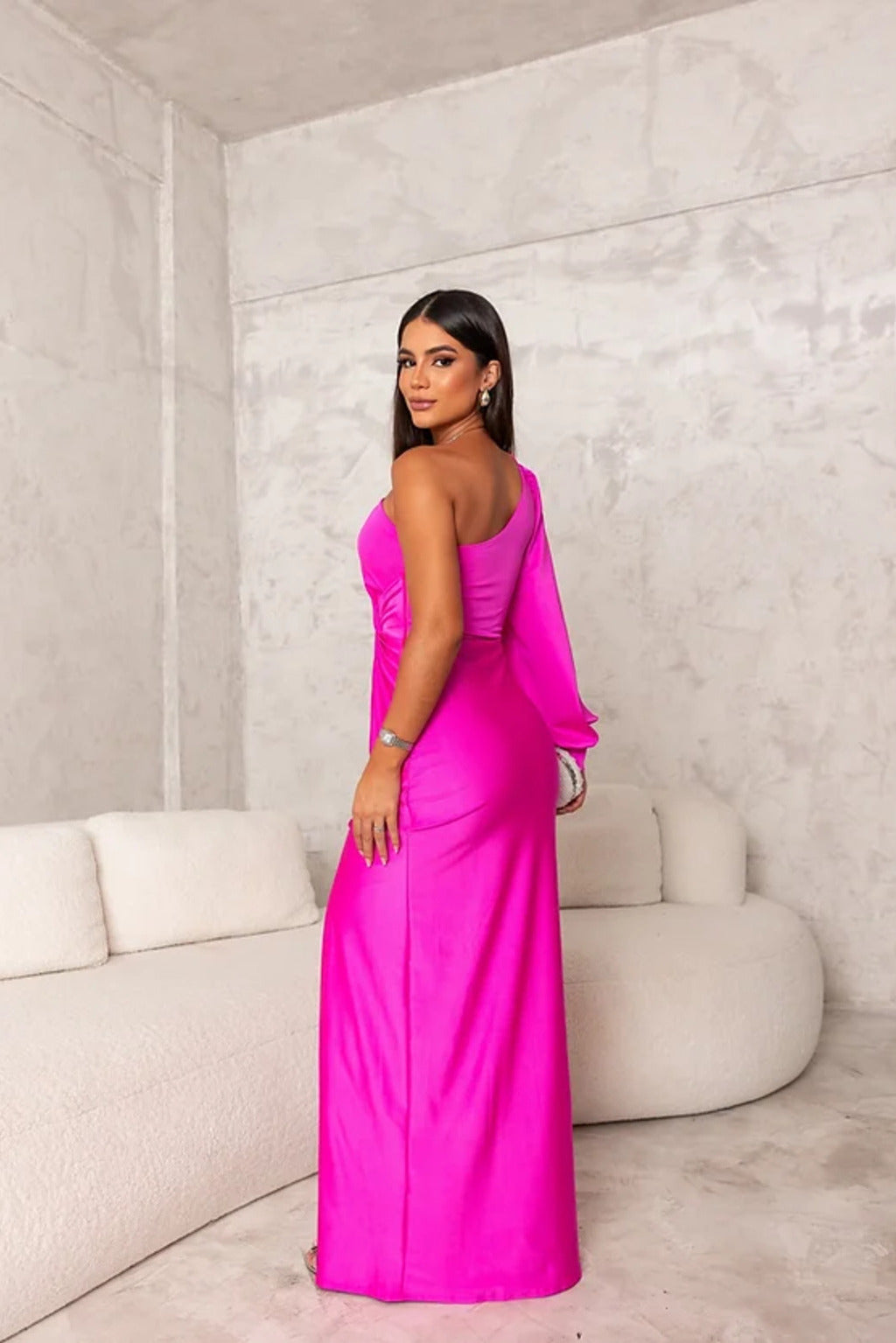 Women's One-Shoulder Ruched Maxi Dress with Thigh Split