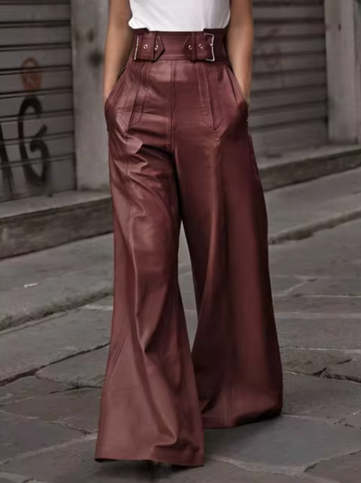 Pantalon large taille haute pour femme en simili cuir