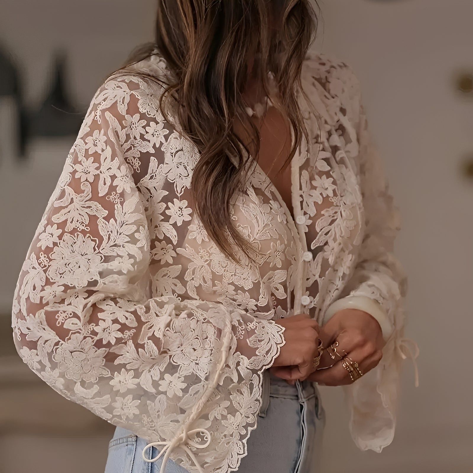 Women's Sheer Floral Lace Button Blouse