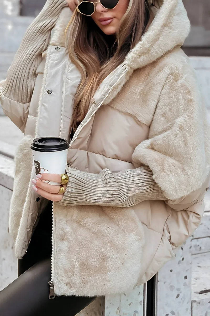Women's Hooded Puffer Jacket with Faux Fur Trim