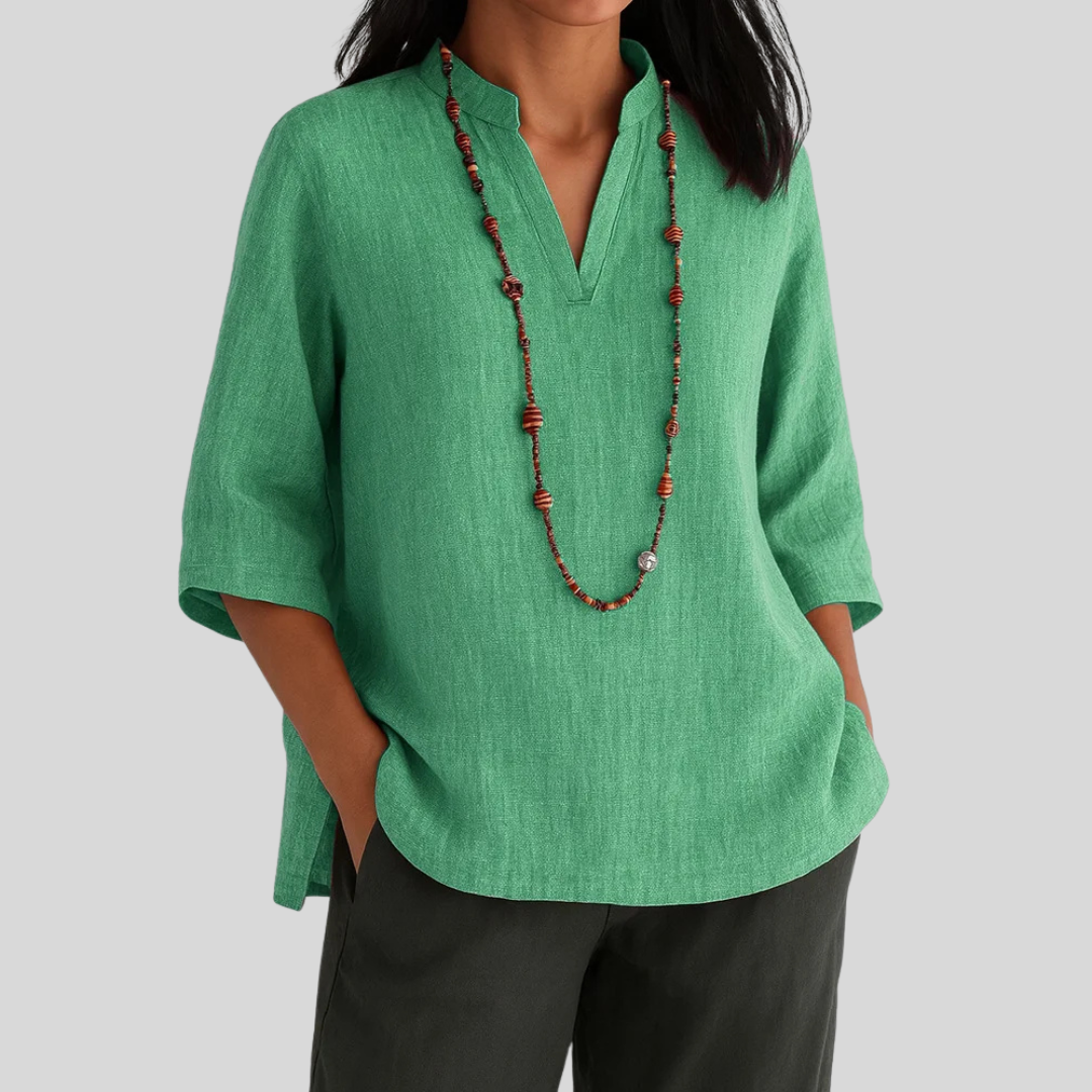 Women's Relaxed Fit V-Neck Linen Blend Blouse