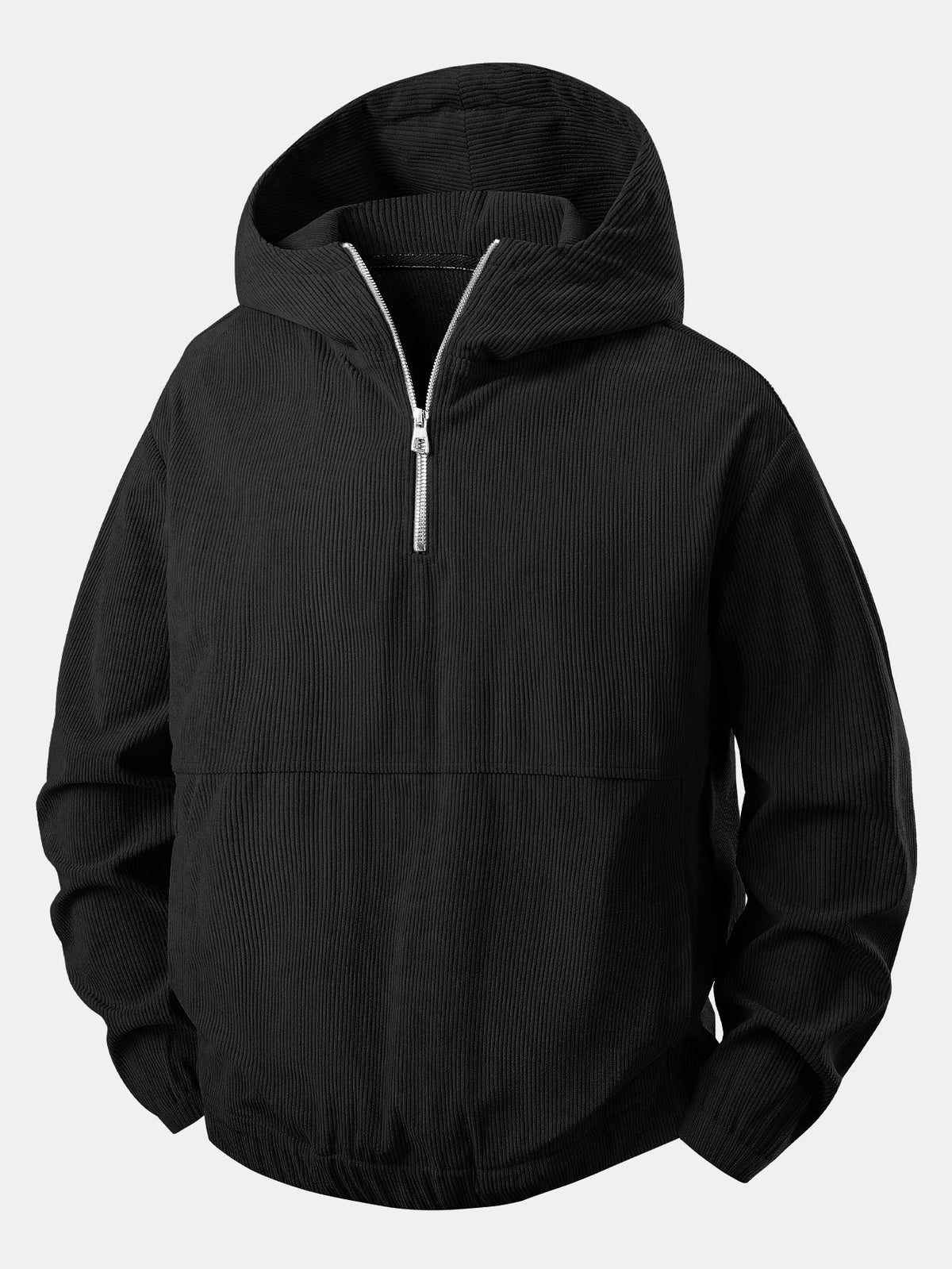 Pull-over à capuche en velours côtelé pour homme, demi-zip