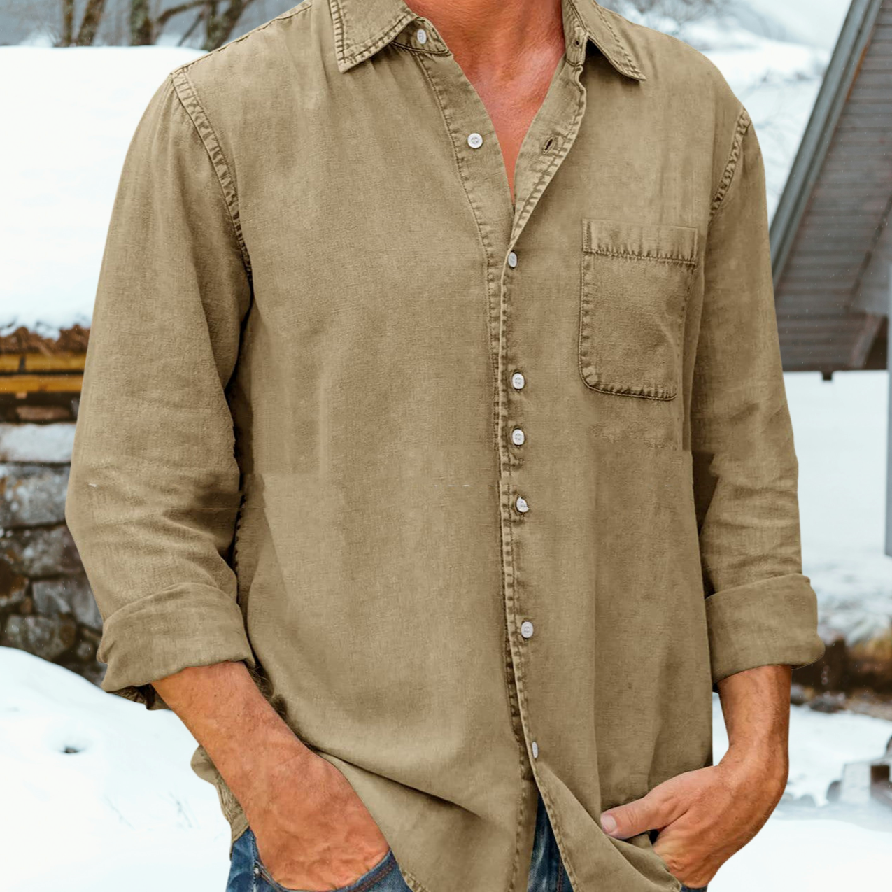 Chemise décontractée en mélange de lin à col classique pour homme