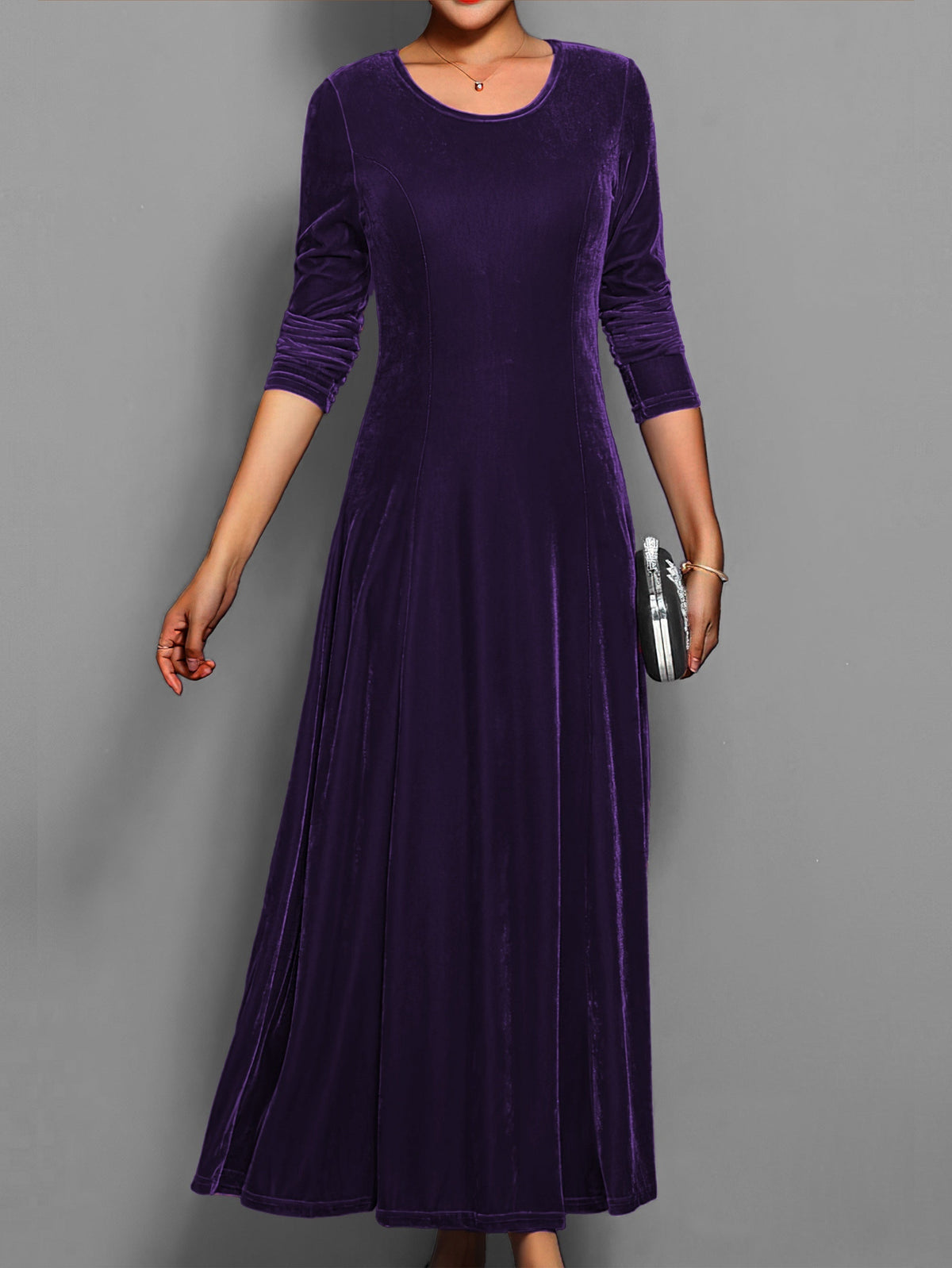 Robe longue trapèze en velours pour femme à manches longues