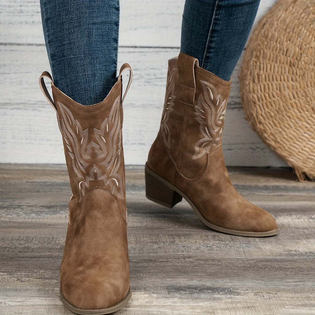 Women’s Western Suede-Look Cowboy Boots with Block Heel