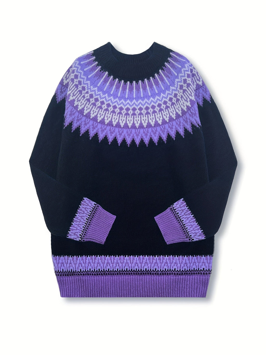 Damski gruby sweter | Okrągły dekolt i nordycki wzór