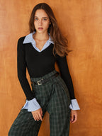 Women's Long Sleeve Polo Shirt with Contrast Collar