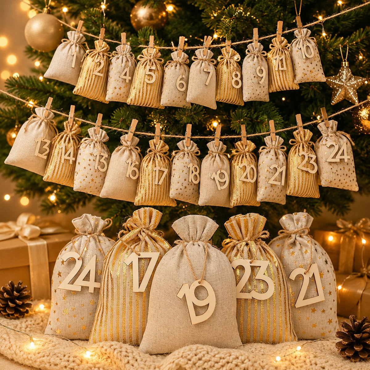Sachets de calendrier de l’Avent à remplir | 24 sachets numérotés pour le compte à rebours de Noël
