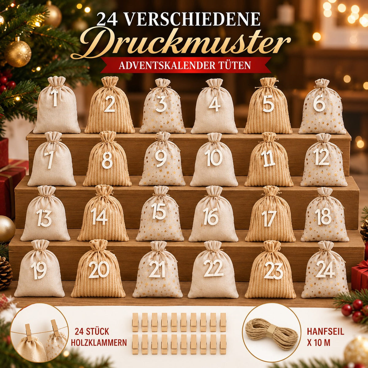 Sachets de calendrier de l’Avent à remplir | 24 sachets numérotés pour le compte à rebours de Noël