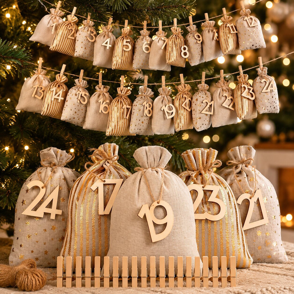 Sachets de calendrier de l’Avent à remplir | 24 sachets numérotés pour le compte à rebours de Noël