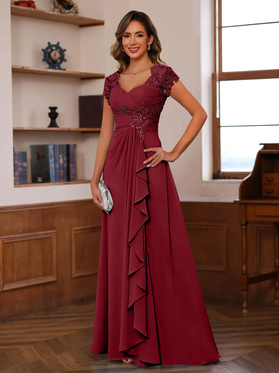 Robe de soirée longue en mousseline à manches en dentelle pour femme
